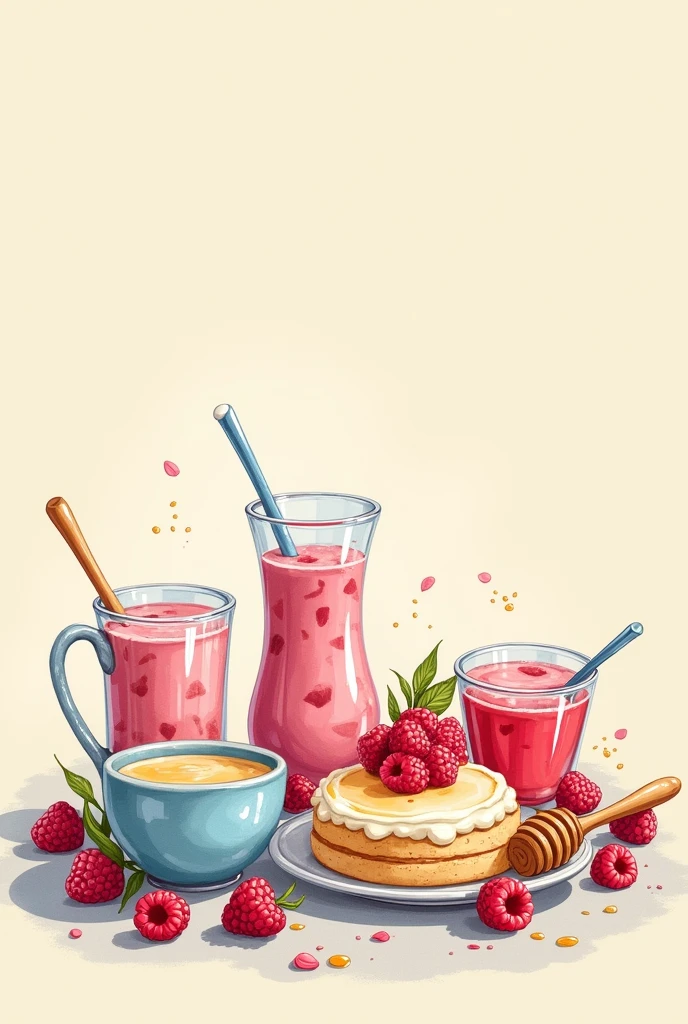 Israeli drinks and desserts with raspberries and honey in pastel blue tones illustrated on creamy beige background