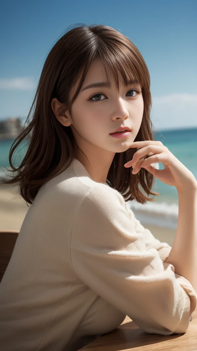 On the table, best quality, digit, 超detailed, detailed, High resolution, 8k wallpaper, Perfect dynamic composition, attention to detail,  Natural lips,suit ,whole body,light brown hair,Bangs
