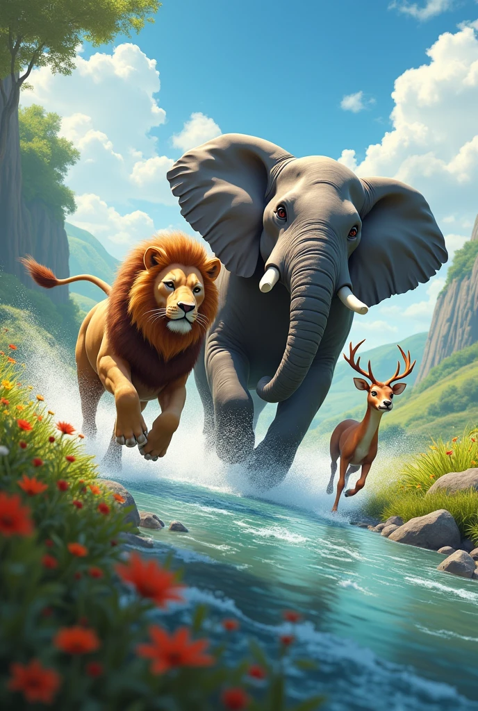 Animal race lion dear elephant