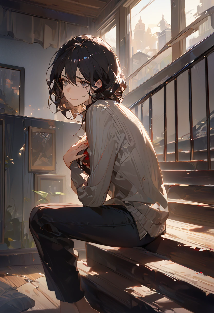 (A person, a mature, beautiful, thin woman, slender body, bruises, black hair mid-back, bright gray eyes, wears casual clothes, homely clothes, eye_slope), REST, (the woman is at the foot of some stairs in my house, modern house, modern living room, she sees me as I go up the stairs with a sad look, she looks from bottom to top, face dull but showing a lot of courage, while she squeezes her chest with both hands, she squeezes her heart, ready of shedding tears, gloomy look, dejected), REST, Conceptual art, masterful work, Super detail, Attention to details, high quality, 最high quality, High resolution