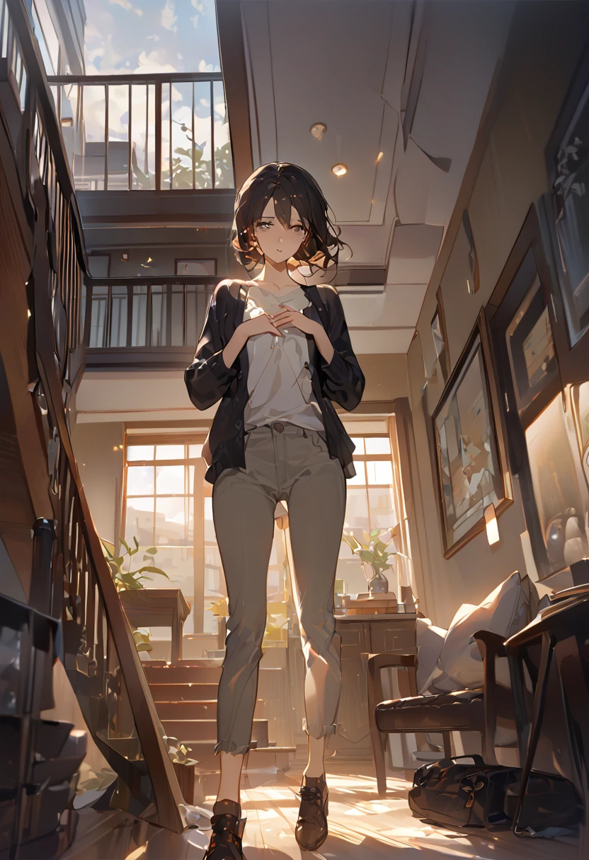 (A person, a , beautiful, thin woman, slender body, bruises, black hair mid-back, bright gray eyes, wears casual clothes, homely clothes, eye_slope), REST, (the woman is at the foot of some stairs in my house, modern house, modern living room, she sees me as I go up the stairs with a sad look, she looks from bottom to top, face dull but showing a lot of courage, while she squeezes her chest with both hands, she squeezes her heart, ready of shedding tears, gloomy look, dejected), REST, Conceptual art, masterful work, Super detail, Attention to details, high quality, 最high quality, High resolution