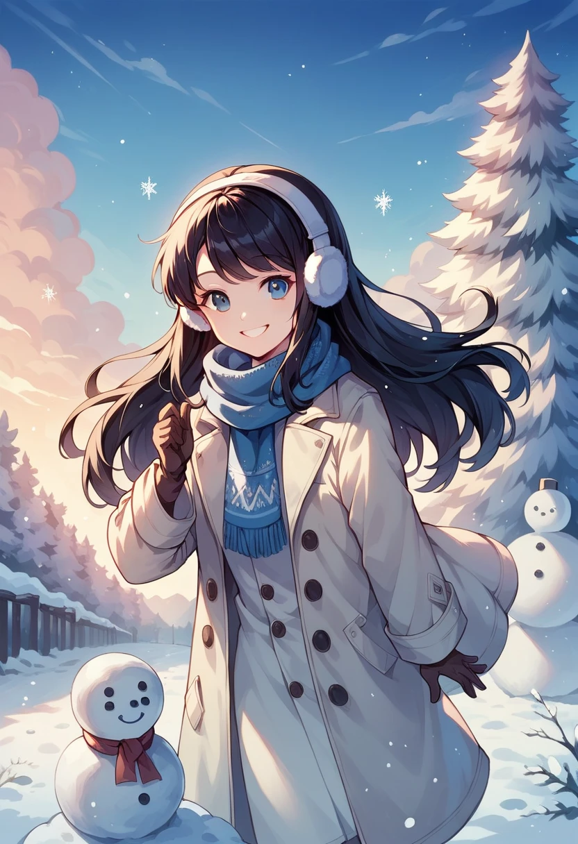 Top quality, young girl, shiny black hair, long hair, thick coat, scarf, earmuffs, gloves, snowy scenery, snowman, smile, fun, cheerful, blue sky, sunshine, sparkling