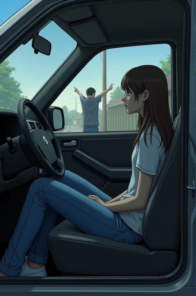 Create a picture where a girl is sitting in the car and someone is calling to her (Preheating Jona)