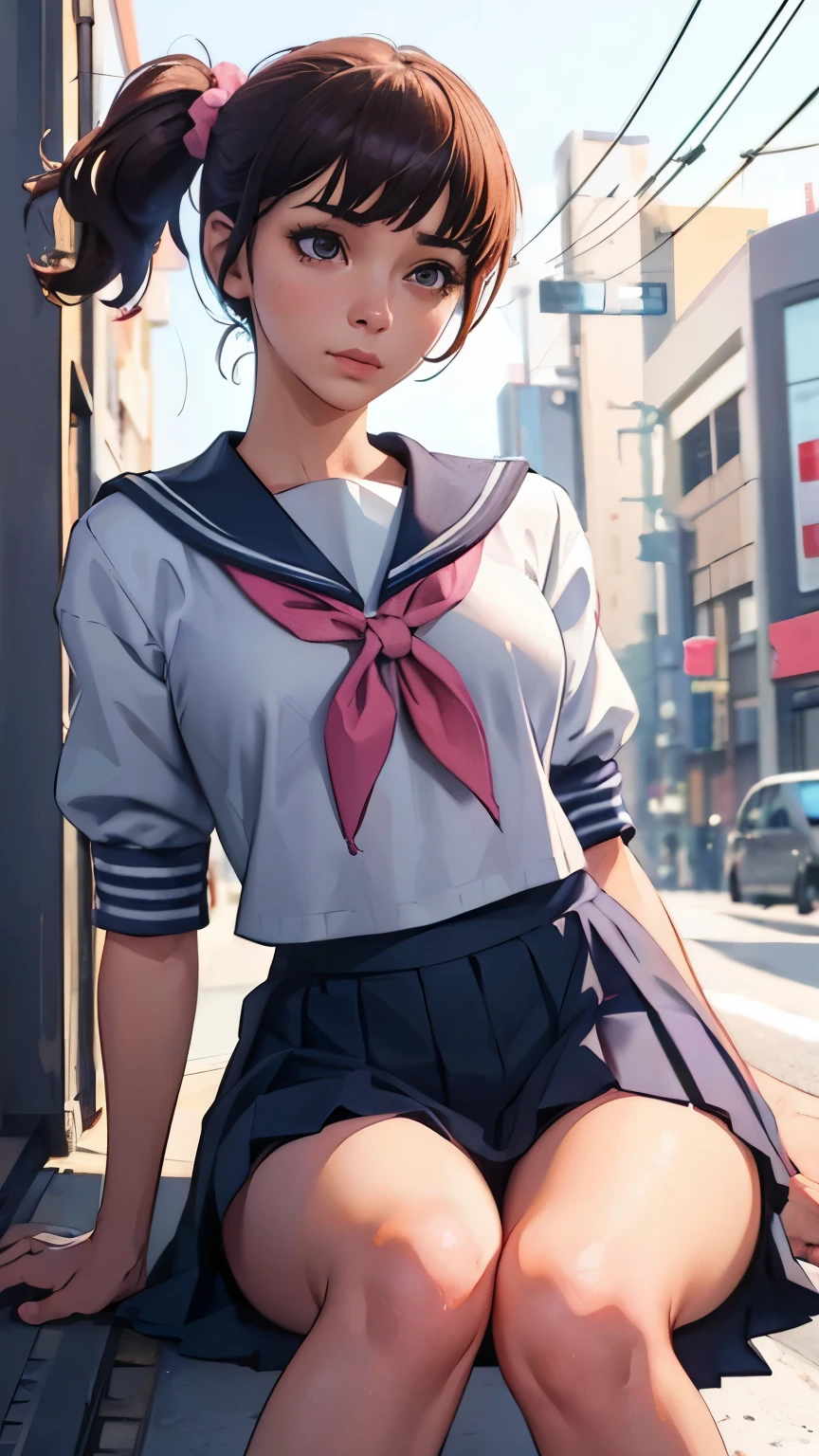 High school girl in Shibuya, Japan,,,,,,Viewed from the front, Gal, Uniform, Sailor outfit, Navy blue pleated skirt,,,,Sitting on the road with a shy face, Pink light blue scrunchie, Earrings, Highest quality, Highest resolution, Detailed depiction, Delicate depiction, Diverse lighting, Majestic expression, One knee up, Viewer's perspective, Realistic watercolor painting, Photorealistic, Detailed background, Legs apart, Delicately drawn, Strong luster, Realistic depiction, Highest quality, Masterpiece, Pleated skirt pulled up, Mole on inner thigh, Ultra high resolution, 8K, White cotton underwear, Perfect beauty, Wry smile