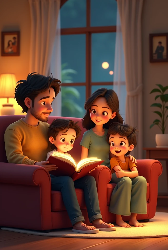 An animated picture: A family is cozy in their living room, with the father reading a story to the . The mother is sitting nearby, listening attentively