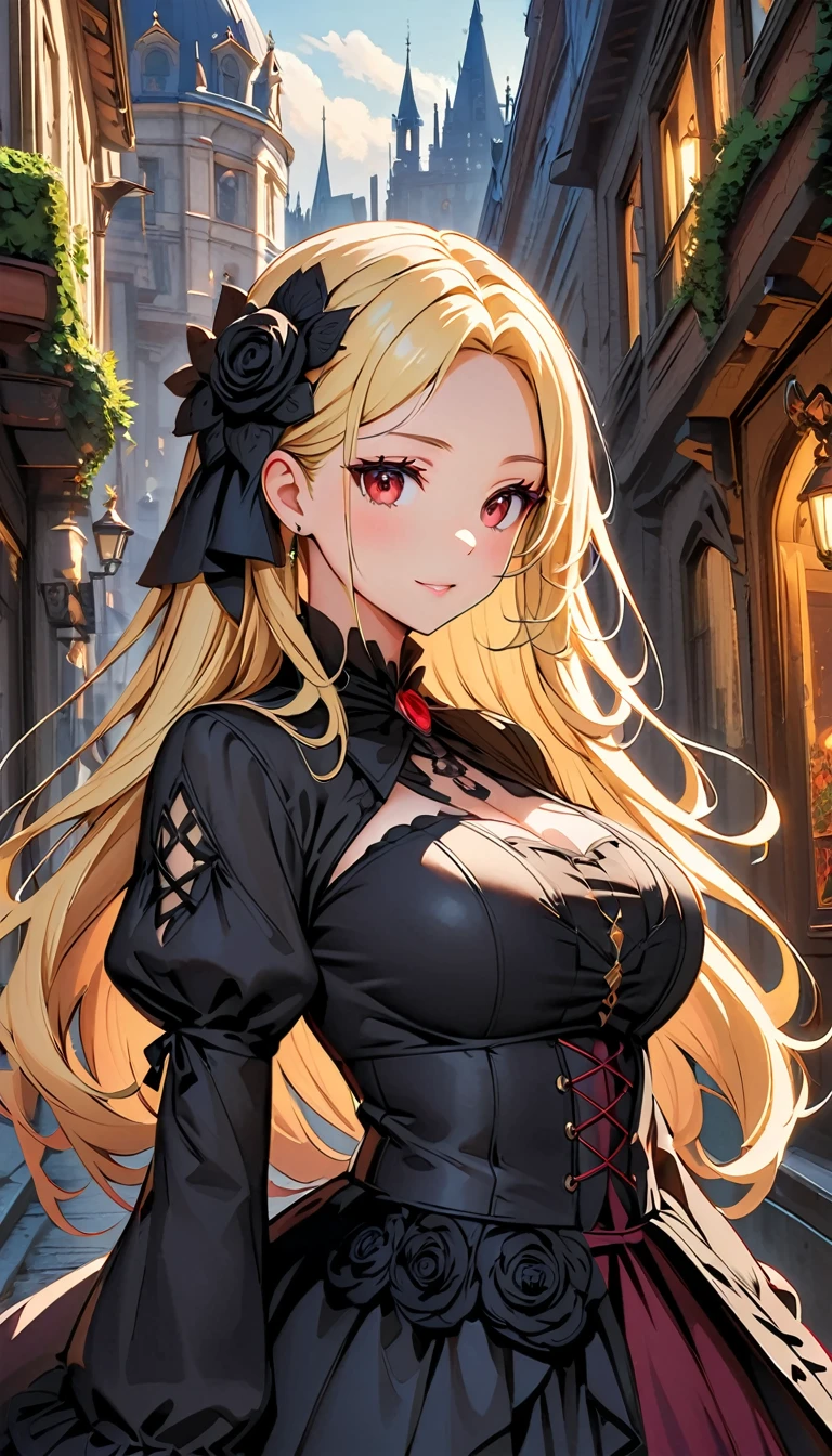Woman in dress and boots , Baroque Dress, Wearing an elaborate steampunk dress, Elegant Gothic Princess, Victorian Gothic Fashion, historical Baroque Dress dark, Black Gothic Dress, Fantasy style clothing, Rococo Dress, Black Rococo, Fantasy Costume, wearing a Gothic Dress, Romantic Dresses, Gothic Dress,blonde,,(((Upper body portrait))),Red eyes,city,Big Breasts