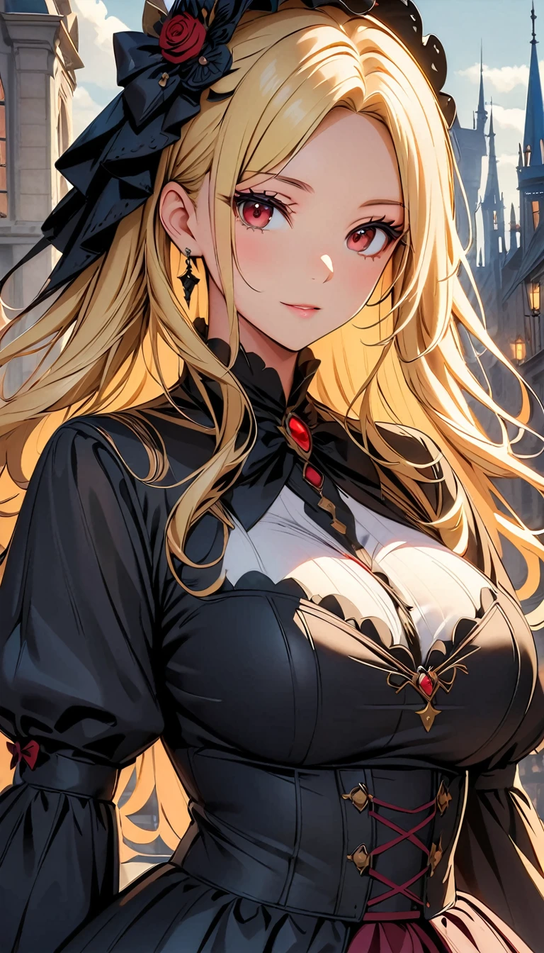 Woman in dress and boots , Baroque Dress, Wearing an elaborate steampunk dress, Elegant Gothic Princess, Victorian Gothic Fashion, historical Baroque Dress dark, Black Gothic Dress, Fantasy style clothing, Rococo Dress, Black Rococo, Fantasy Costume, wearing a Gothic Dress, Romantic Dresses, Gothic Dress,blonde,,(((Upper body portrait))),Red eyes,city,