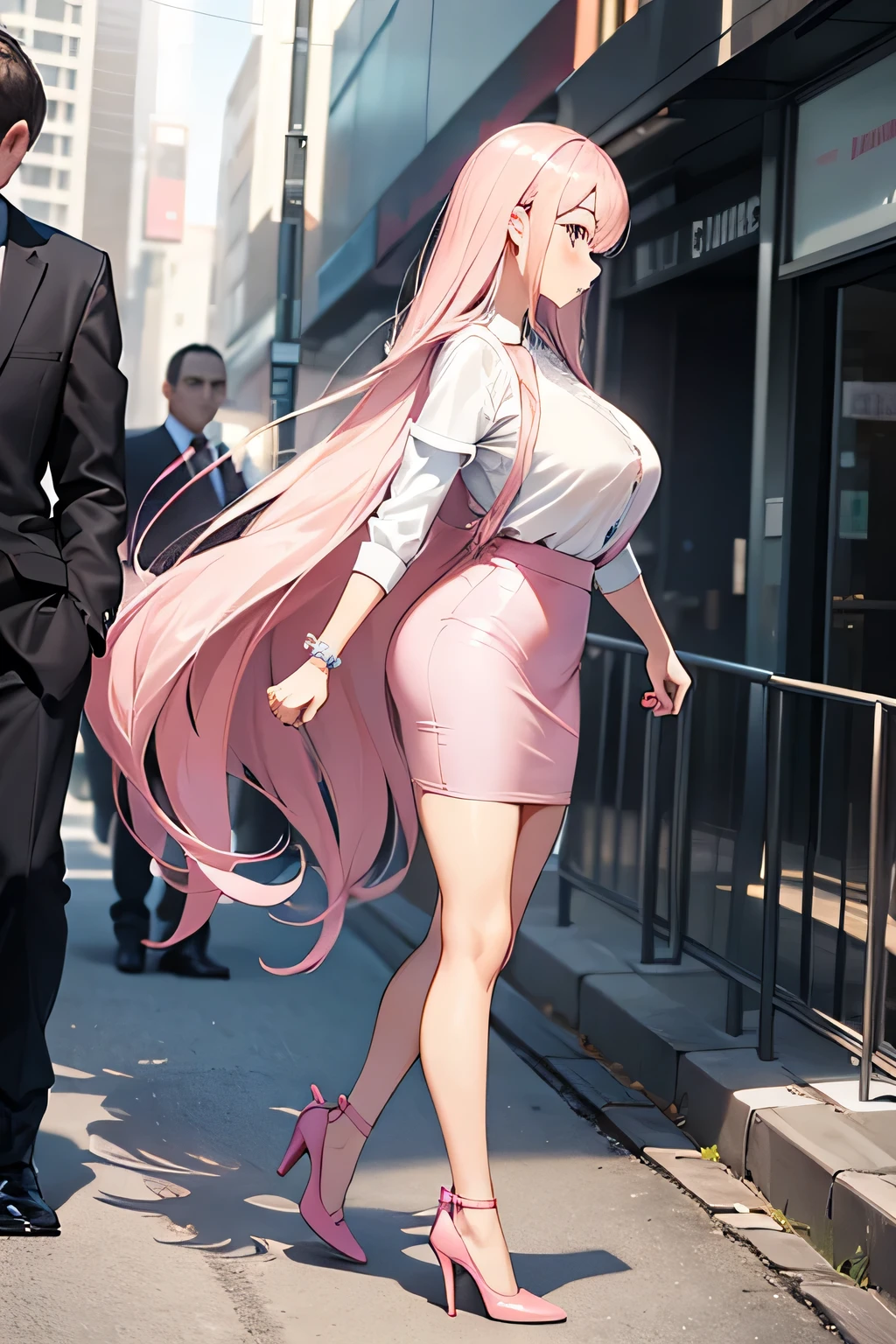 1girl, light pink long hair, walking to hotel, big breasts, light pink pencil skirt, high heels, full body, side view, anatomically correct, high details