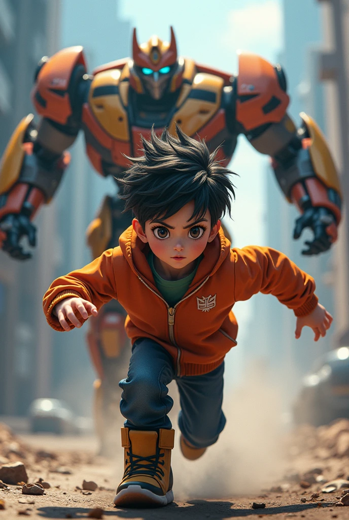 1 anime boy, 1 transformers robot, extremely detailed, highly detailed, beautiful detailed eyes, beautiful detailed lips, extremely detailed face, longeyelashes, action pose, dynamic running pose, transformers robot running, anime human boy running, (best quality,4k,8k,highres,masterpiece:1.2),ultra-detailed,(realistic,photorealistic,photo-realistic:1.37),HDR,UHD,studio lighting,ultra-fine painting,sharp focus,physically-based rendering,extreme detail description,professional,vivid colors,bokeh,sci-fi,cyberpunk