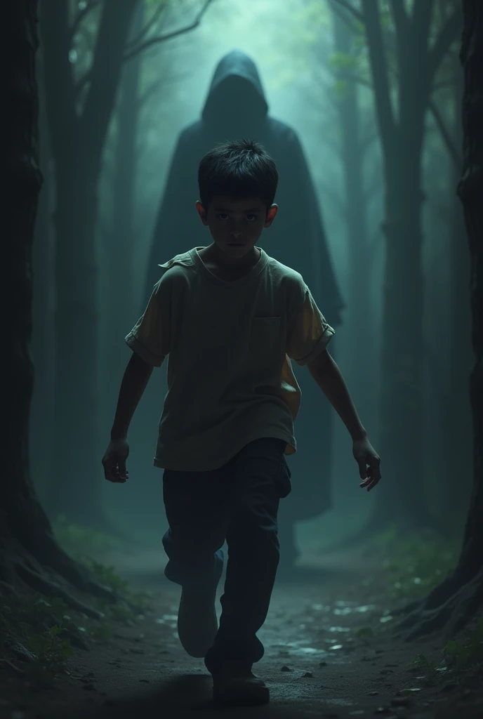 Aarav with a curious and determined expression, moving towards the shady figure with an intent to investigate.