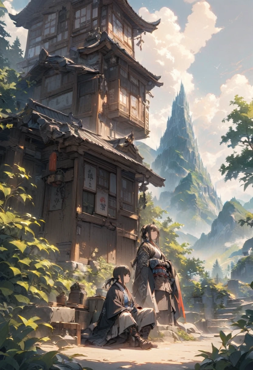 Quiet mountain village scenery。In front of a small house、A samurai is sitting lost in thought。Behind him is blue々and mountain々is towering
