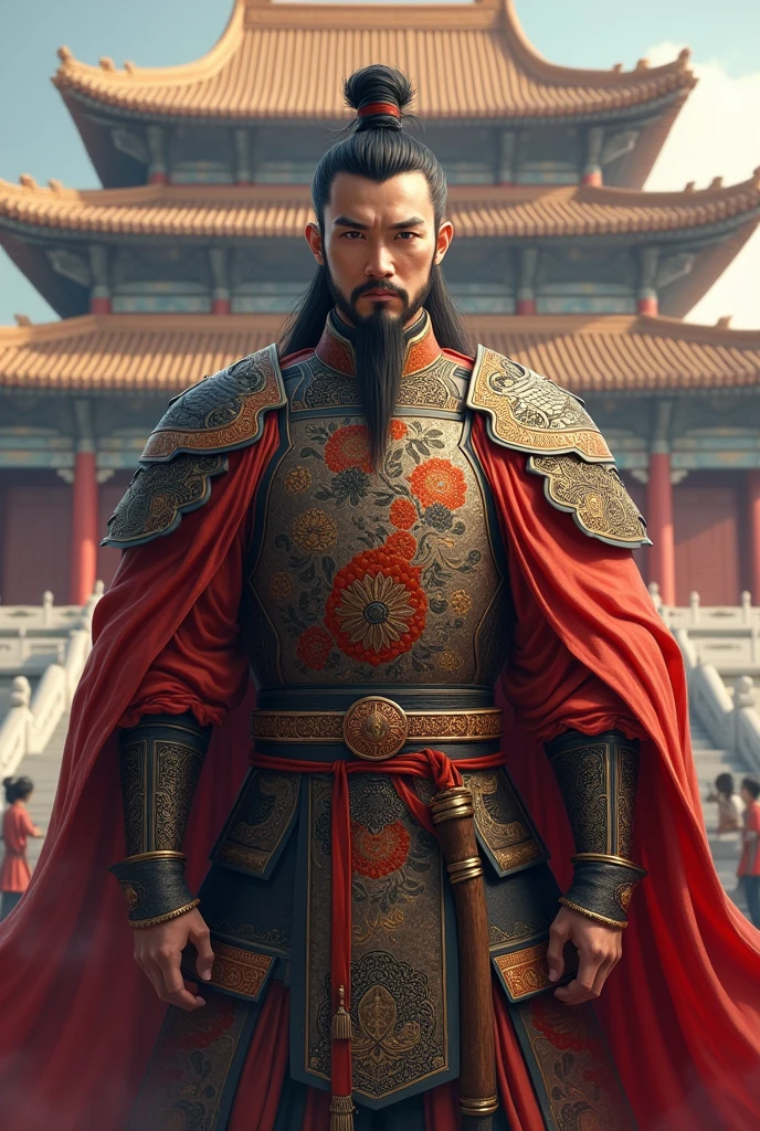 Cao Cao stands in front of an ancient Chinese palace.
