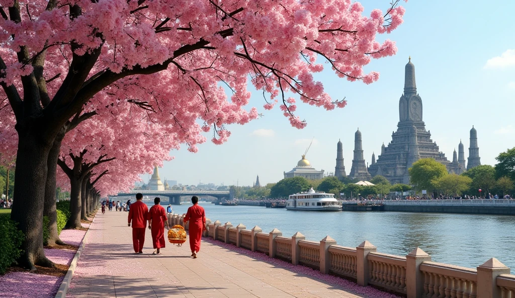 masteriece of landscape, A highly detailed and breathtaking view of Wat Arun from the opposite side of the Chao Phraya River in Bangkok, Thailand. The scene is adorned with vibrant pink and white cherry blossoms, creating a charming and picturesque atmosphere. People dressed in traditional Thai attire are carrying food offerings to pay respects, highlighting the beauty of authentic Thai artistry. The image captures the delicate and intricate details of the cherry blossoms and the serene ambiance of the temple. The wide-angle perspective enhances the awe-inspiring view, making it a captivating and stunning sight for viewers.