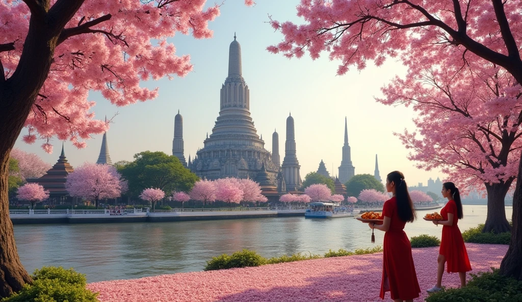 masteriece of landscape, A highly detailed and breathtaking view of Wat Arun from the opposite side of the Chao Phraya River in Bangkok, Thailand. The scene is adorned with vibrant pink and white cherry blossoms, creating a charming and picturesque atmosphere. People dressed in traditional Thai attire are carrying food offerings to pay respects, highlighting the beauty of authentic Thai artistry. The image captures the delicate and intricate details of the cherry blossoms and the serene ambiance of the temple. The wide-angle perspective enhances the awe-inspiring view, making it a captivating and stunning sight for viewers.