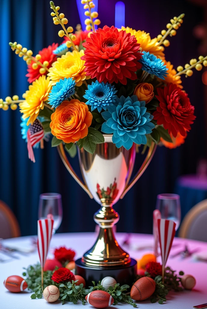 trophy as vase with flowers that are red, yellow, blue, turquoise, and orange in color. With mini flags, balls and neon lights underneath. Its is a table centerpiece for a sports dinner event of a big league 