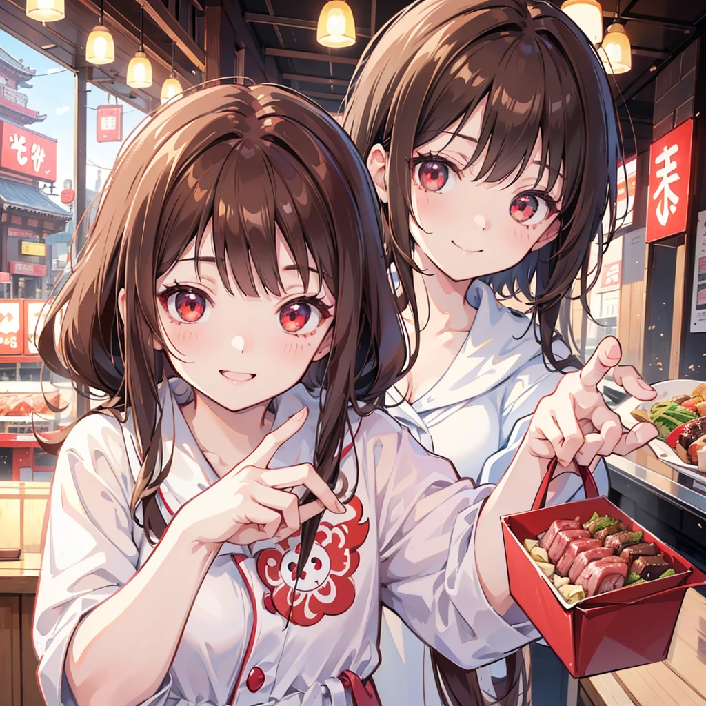 kawaii, anime, Cute, hyper quality, highly detailed, 8k, Clarity, Draw facial expressions in detail, red eyes, brown hair, I'm at a yakiniku restaurant, highlight on eyes, one piece, lively, smile, casual, light shines, noon, bright, upward glance,