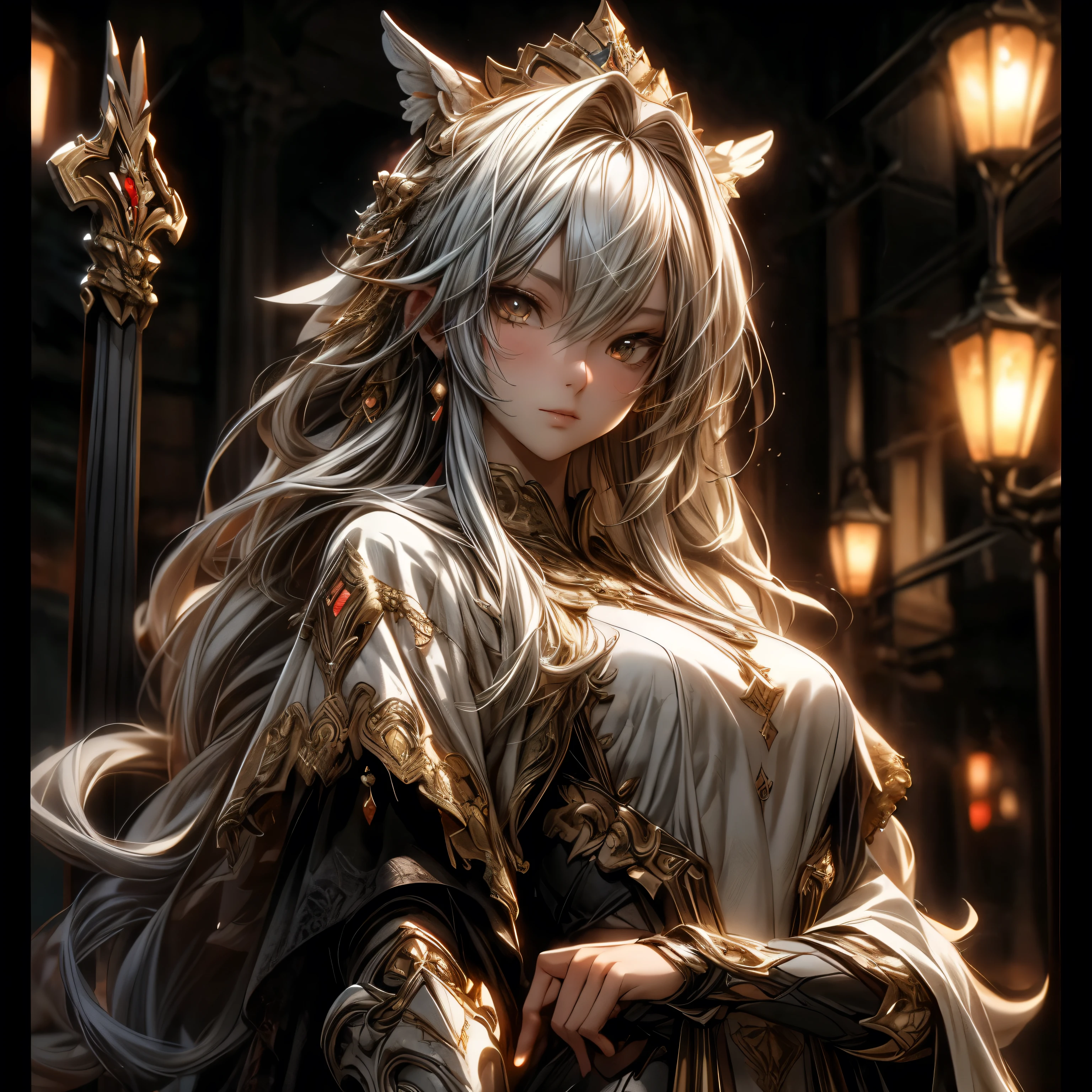 (best quality)), ((Masterpiece)), (details:1.4), 3d, HDR (high dynamic range), an image of a beautiful cyberpunk female, fantasy, Medieval, red hair, Long hair, Full body, Beautiful white eyes, จมูกโด่ง, ปากแดง, หน้าอกใหญ่, nvidia RTX, PBR surface, After processing, Anisotropic filtration,depth of field, Maximum clarity and clarity, multi-layered surface, Subsurface scattering, perfect proportions, 8K raw files, ultra detailed, Perfect proportions, volumetric lighting, soft lighting, Holy paladin, Heavy Silver Armor, Golden dress, glossy skin, intricate silver embroidery, Throne background, jewely, ต่างหู, นิ้วมือสมบูรณ์,