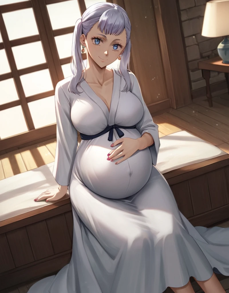 noelle_blackclover, score_9, score_8_up, score_7_up, source_anime,
Noelle Silva, Black Clover, long silver hair, waist-length hair, half-up half-down hairstyle, ribbon, soft waves, side-parted bangs, almond-shaped blue eyes, high-quality, ultra-detailed, beast quality, 8K resolution,
looking at viewer, dutch angle, cowboy shot, smile, pregnant belly, large belly, big belly, big Breasts, Sitting, maternity robe,
1girl,solo, indoors, happy, Smiling, rub belly,
full body, Nail polish, Earrings,