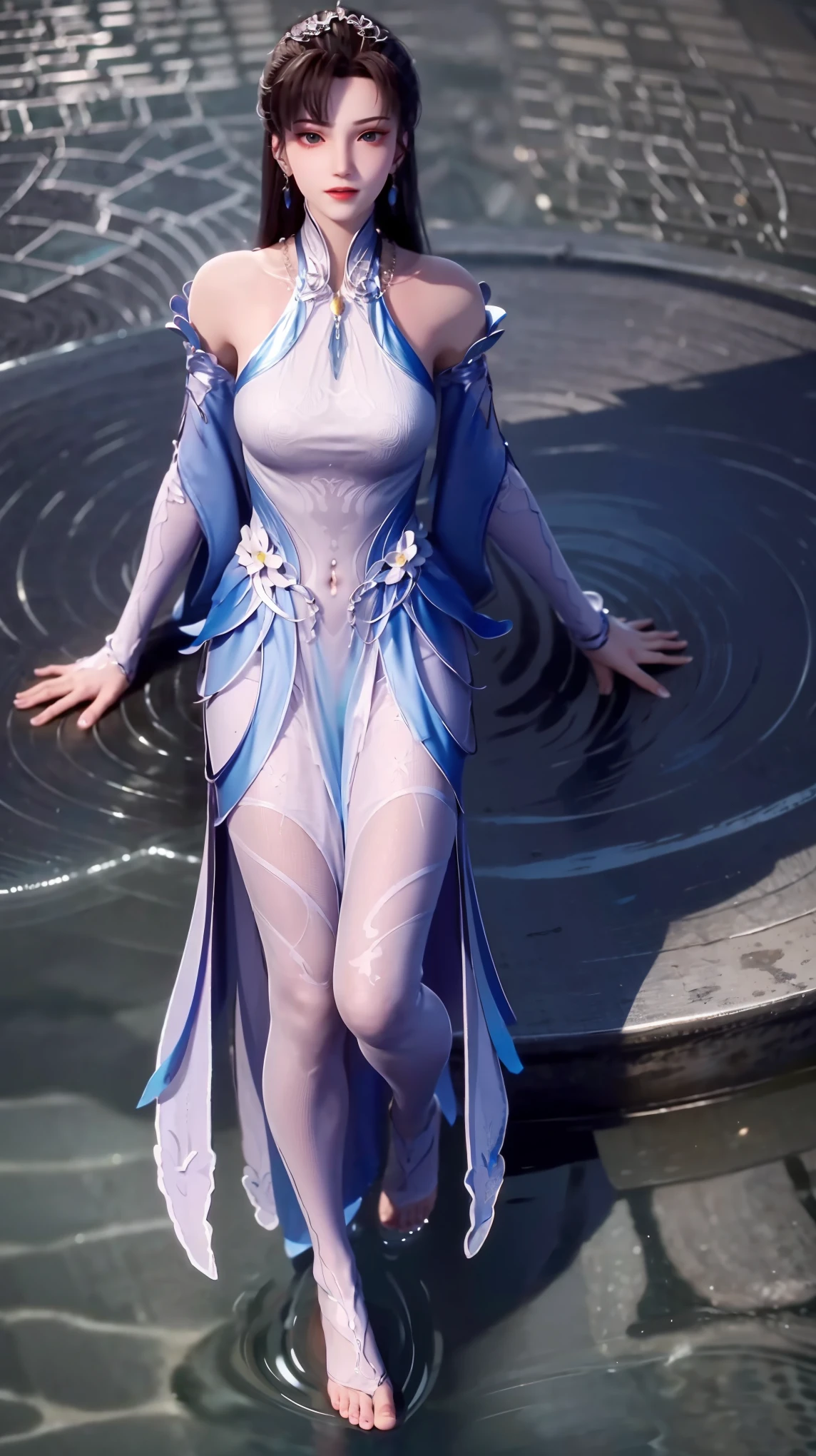 一个穿着连衣裙的女孩躺在Starry Sky下的床上,Exquisite smile,Beautiful and delicate eyes,Beautiful and delicate lips,Extremely detailed face and eyes,Long eyelashes,Full body,Flowing hair,belly button,best quality,excellent work,Super,(Reality:1.4),RAW photos,(Beautiful face:1.2),(Lying on the water:1.5),1 girl,(absurd),(8k), (4K),Octane Rendering,Starry Sky,((Full body view)),barefoot,Cross-legged
