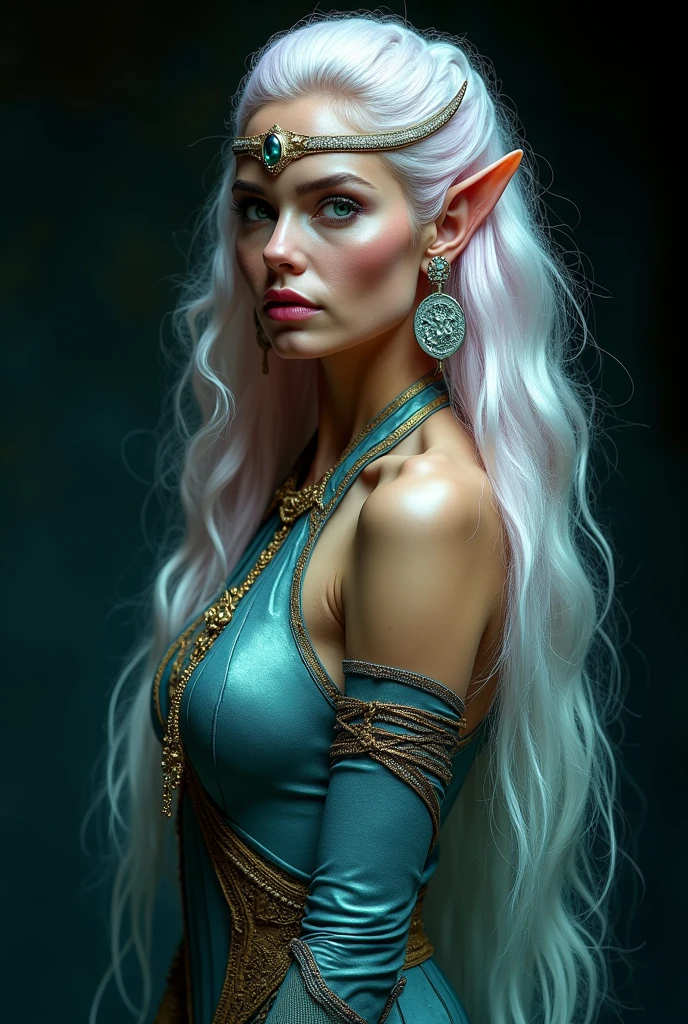 GISELE BUNDCHEN AS A GORGEOUS ELVE WARRIOR , WARRIOR WOMAN, BUST IMAGE STYLE, STUDIO IMAGE STYLE, BLACK INFINITE BACKGROUND, DIFFUSED LIGHTS ON FACE, BACK LIGHTS ON HAIR, LUMINOUS PINK BLUE HAIR, CLOSE FACE SHOT, HUGE LONG HAIR, HUGE STRAIGHT LONG HAIR, BRAID HAIR STYLE, PLATINUM EYEBROWS, LIGHTNING GREEN EYES, VERY PALE SKIN, LUMINOUS SKIN, FEMALE FAIRY, TOLKIEN MITHOLOGY, EXPOSED LONG TIP EARS, GOLD TIARA, HIGH CHEEKBONES, ROSY CHEEKS, GORGEOUS LIPS, SOFT LIPSTICK, GORGEOUS CURVY BODY, SOFT MUSCLES, VOLUMOUS BREASTS, BLUE GREEN ARMOUR, FULL BODY ARMOUR, FLAT BOOTS, NECK CLEAVAGE, LONG BRACELETS, GOLD DETAILS, GOLDEN HEADBAND , ENIGMATIC FACE EXPRESSION, FRONT FACE VIEW, EYES LOOKING UP, TOLKIEN MITHOLOGY, HIGH QUALITY IMAGE, MASTERPIECE, 8K