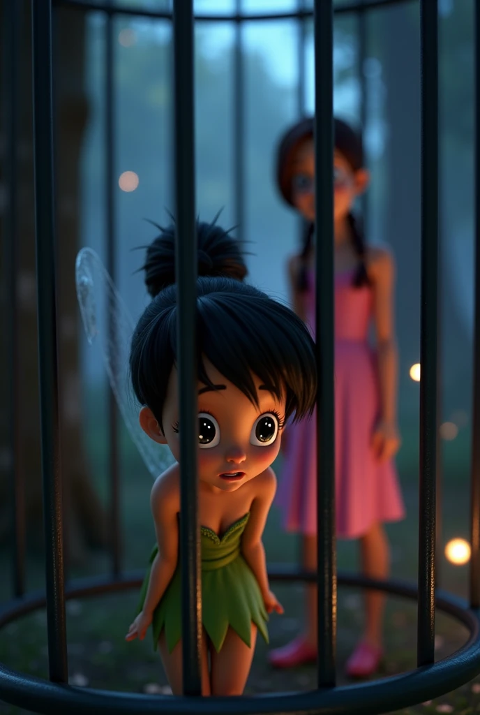 Pixar 4D image, tinkerbell exactly like the original, green dress, but with black hair, brown skin, dark shaped eyes, trapped in a cage with fear, with a Pixar looking at her from afar, behind tinkerbell , Out of the cage, with pink dress, two braids in the hair, maroon hair, dark shaped eyes, Caucasian skin,Florest dark, with light points
