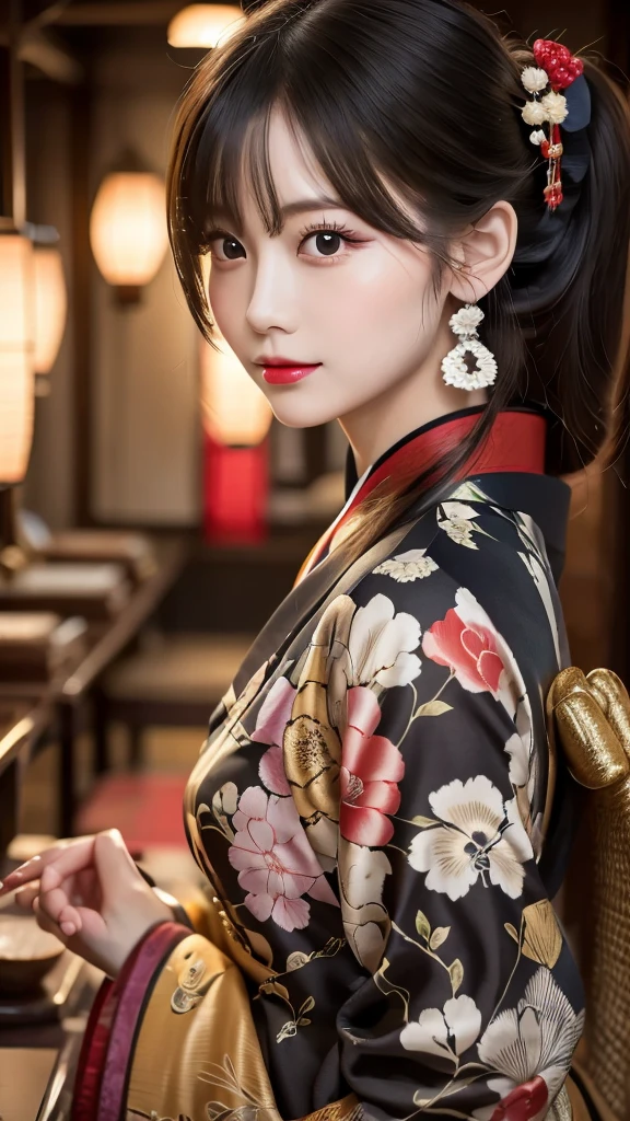 8k, RAW photo, best quality, masterpiece, realistic, photo-realistic, clear, professional lighting, beautiful face, best quality, ultra high res, "A highly detailed scene capturing a traditional Japanese oiran, standing in a serene, softly-lit room by a shoji screen. She is dressed in an elaborate, richly patterned kimono with vibrant floral and crane motifs. Her hairstyle is the classic oiran style, adorned with intricate kanzashi hairpins. She holds a small, delicate hand mirror with a floral design, her makeup is traditional, with pale skin, red lips, and a red and black eye makeup. The lighting is warm and creates a cinematic, dramatic effect with soft shadows. The background includes a hint of traditional Japanese decor with a view of a calm interior space."