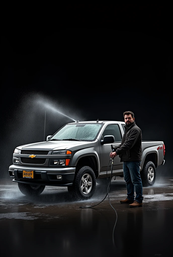 Draw a 2D image. The background color should be black and inside there is a person with a short black beard and a pressure washer spraying water on a gray 2004 Chevrolet Colorado double cab.. That says on the top “left-handed car wash”