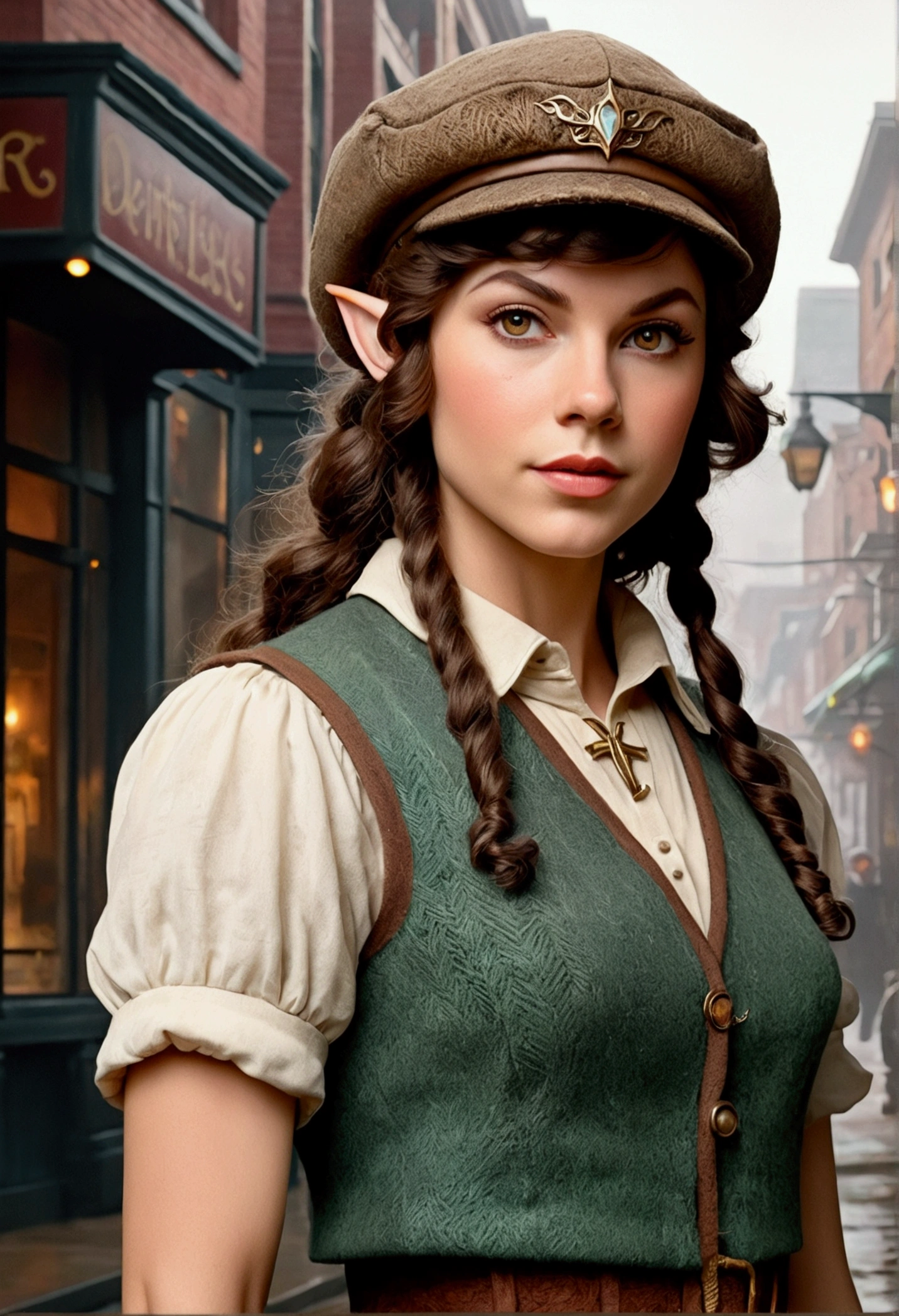 An illustrated movie poster, hand-drawn, full color, an elven maiden, wearing a tweed vest and a flat cap, tall, toned, amazonian stature, athletic hourglass figure, busty bosom, long pointy elf ears, amber eyes, dark hair, curly bob cut, warm almond skintone, freckles, resembles Taylorr Swift, standing on a foggy Victorian-era street corner, graphite shading, stencil marks, airbrushed acrylic paint, masterpiece, elf ears
