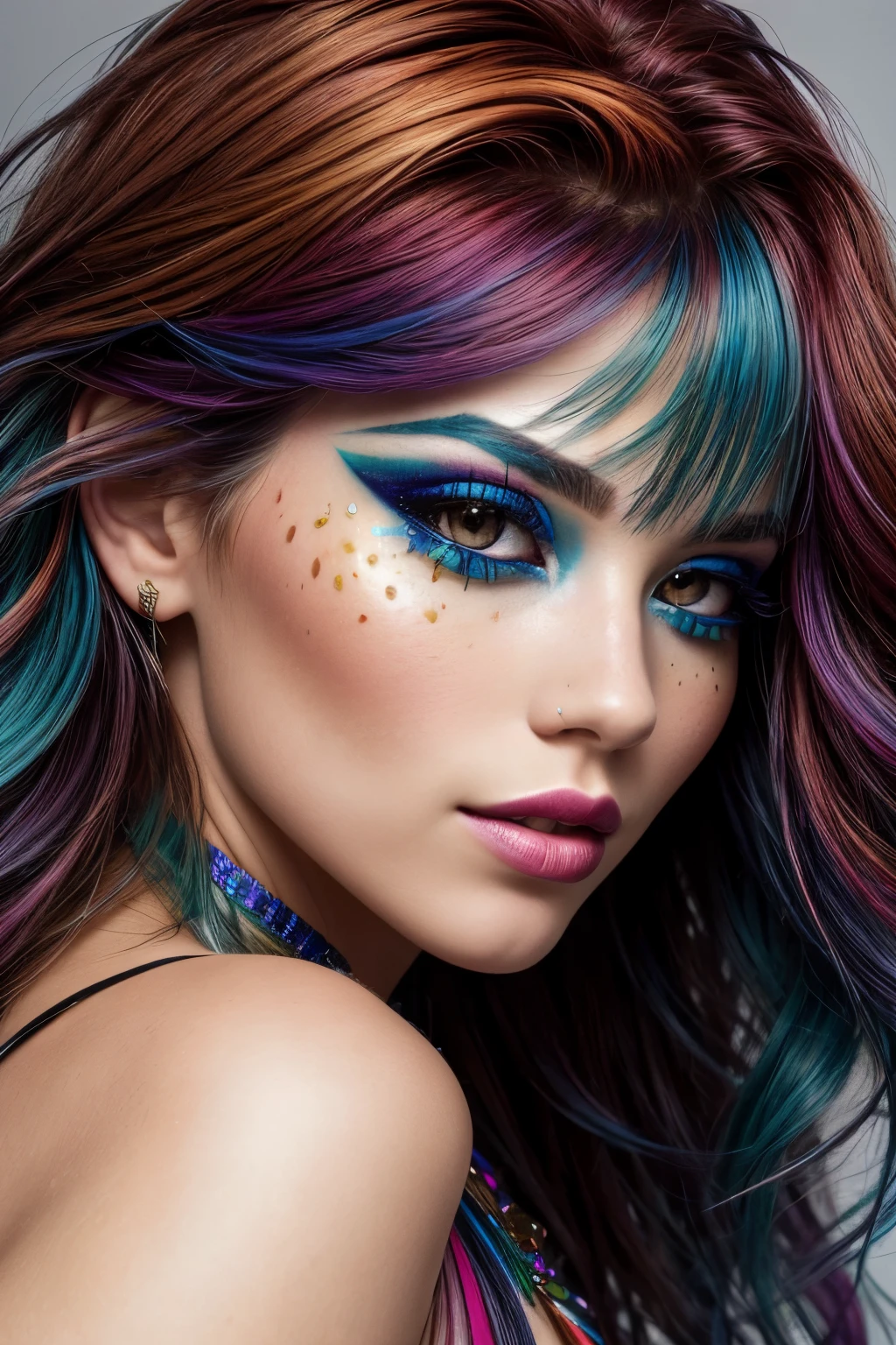 Close-up portrait of a vibrant young girl with a riot of colorful hair and bold, expressive makeup. Her facial features are intricately detailed and full of character, showcasing a playful and carefree spirit. The cinematic light illuminates her features from the side, casting soft, captivating shadows. The image is captured in ultra-high resolution, preserving every detail in a RAW format. The rich colors and textures of her hair and makeup are brought to life in stunning detail, creating a masterpiece of photorealistic art.