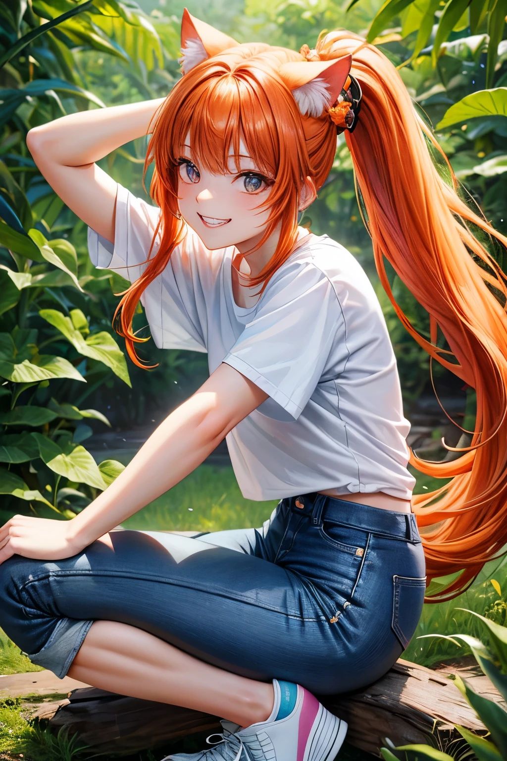 High resolution, perfect human anatomy, cat ears, front view, forest, glossy hair, orange hair, ponytail, pastel colors, flowers, gradient eyes, flowing bangs, front angle, T-shirt, jeans, ocean, sneakers, smile, toothy grin,
