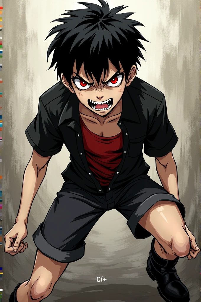 An 1 boy, pale, finish, serrated teeth, thin and strong, big black hair, black eyes and red pupils, Hate Feature, black short-sleeved shirt with open buttons and a red shirt underneath, shorts, A boot, struggling pose, Seinen Manga Style.