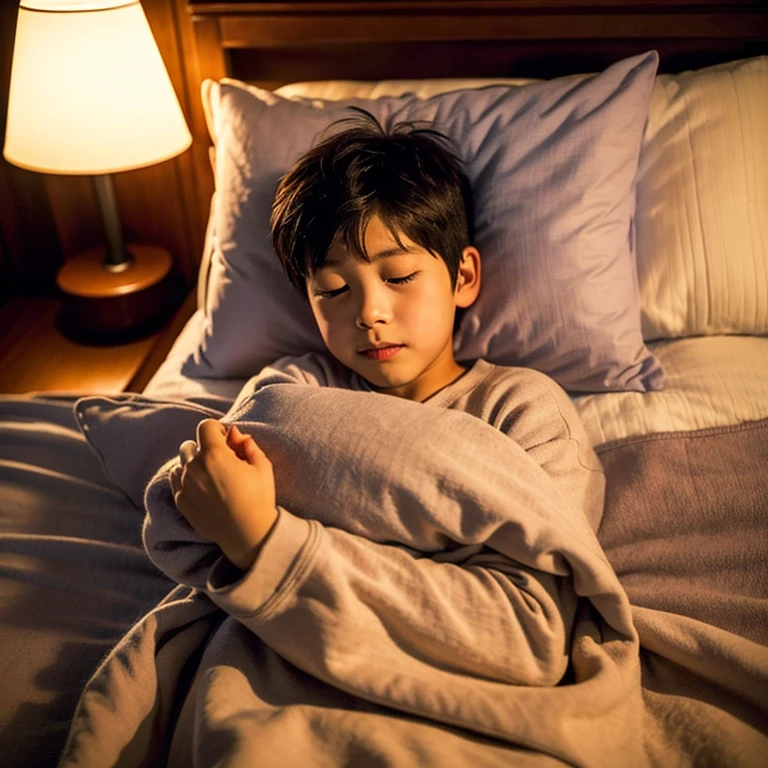 A young Japanese boy, about , sleeps soundly in his traditional bedroom. He is tucked into his futon, with his head resting on a soft pillow. The room is dimly lit by a nightlight shaped like a cute animal, and a peaceful expression is on the boy’s face."