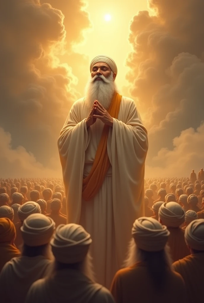 Guru nanak dev ji sikh guru closed eyes in meditating   long figure standing tall , background and sikh crowd sitting with folded hands mystic atmospheric,  hyper realistic,  art sikh  mythology,  cloudy ,golden light , radiant light clamness on face