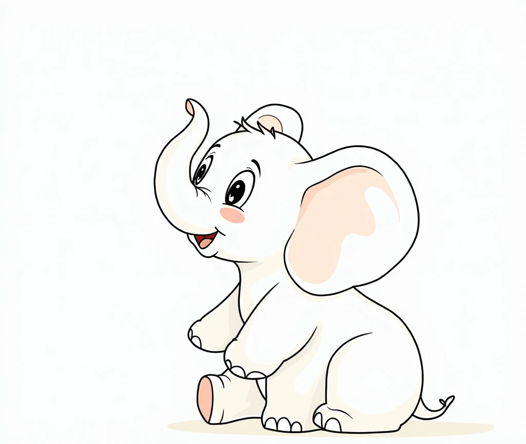 Cute cartoon baby elephant, simple lines, flat style, pastel colors, white background, sitting on the ground with its trunk curled up and looking at something. It has big eyes and is smiling happily. In the style of -pleat style, animated GIFs, soft edges and blurred details, white background, detailed character design, flat illustrations, simple backgrounds.