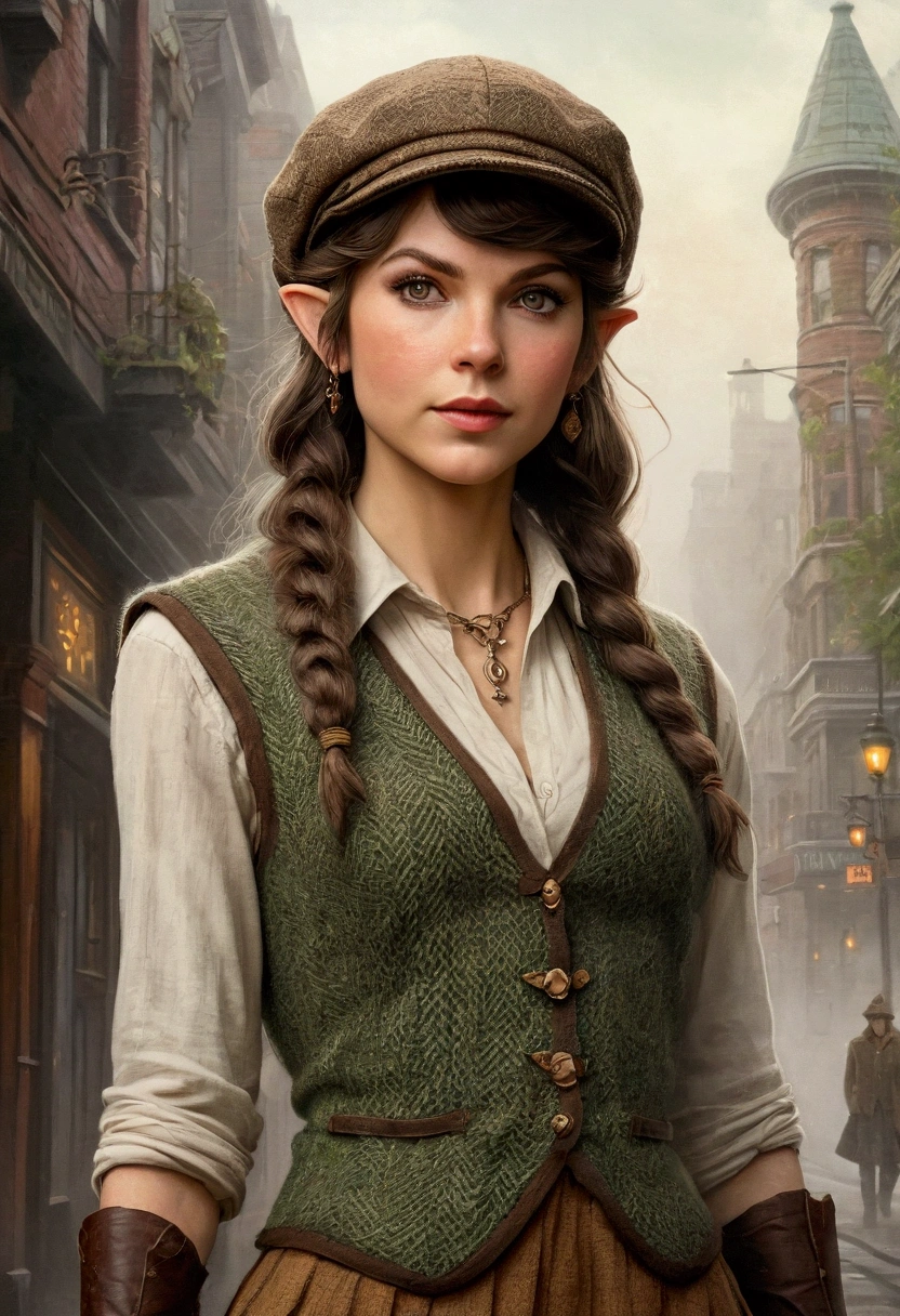 An illustrated movie poster, hand-drawn, full color, an elven maiden, wearing a tweed vest and a flat cap, tall, toned, amazonian stature, athletic hourglass figure, busty bosom, long pointy elf ears, amber eyes, dark hair, shaggy bob cut, warm almond skintone, freckles, resembles Taylorr Swift, standing on a foggy Victorian-era street corner, graphite shading, stencil marks, airbrushed acrylic paint, masterpiece, elf ears