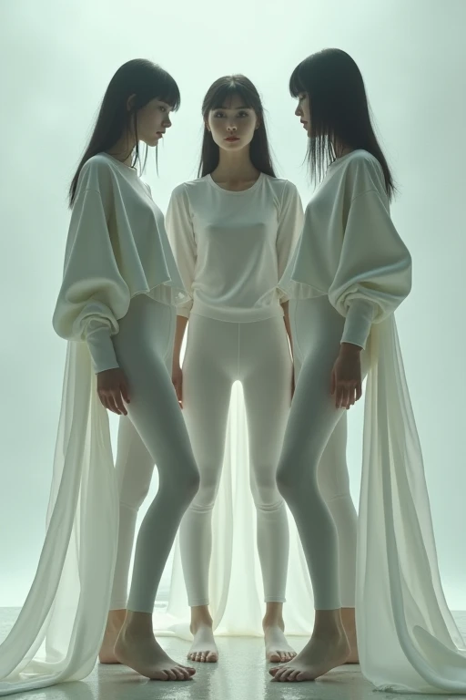 3 girls wearing latex leggings and oversized white tops