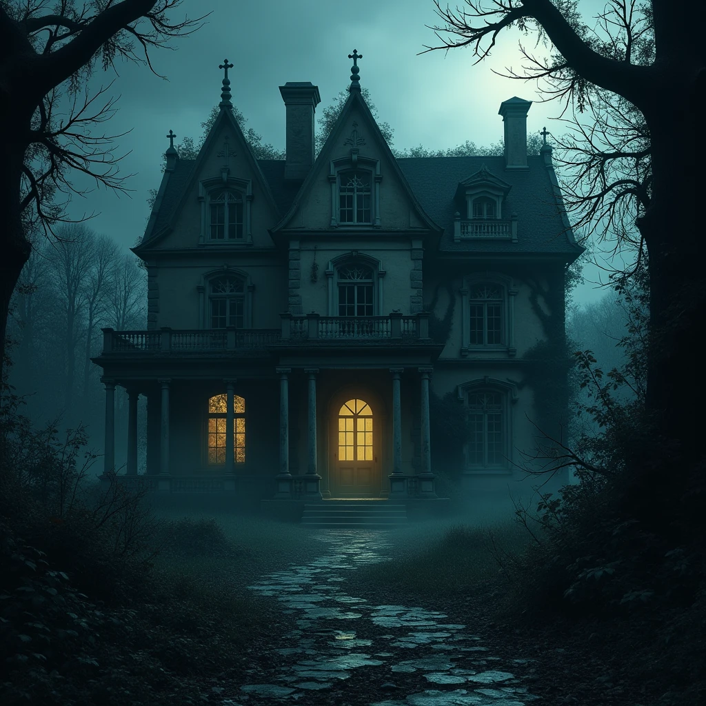 A vintage, crumbling mansion shrouded in darkness, with ivy-covered walls and a cracked, broken doorway. The atmosphere is eerie, as if time has stood still. A faint, ghostly moonlight illuminates the ghostly silhouette of the grand building, with broken windows and overgrown vegetation. The mansion's once grandiose entrance now lies in ruins, evoking a sense of mystery and abandonment.