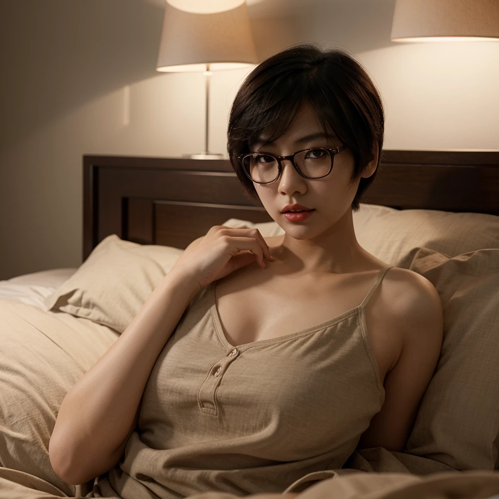 a sleepy asian girl with short hair, round face, red lips, wearing glasses, waking up, detailed face, photorealistic, cinematic lighting, high quality, 8k, realistic, masterpiece