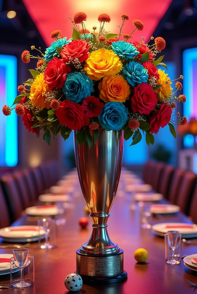 trophy as vase with flowers that are red, yellow, blue, turquoise, and orange in color. With mini flags, balls and neon lights below. Its is a table centerpiece for a sports dinner event of a big league