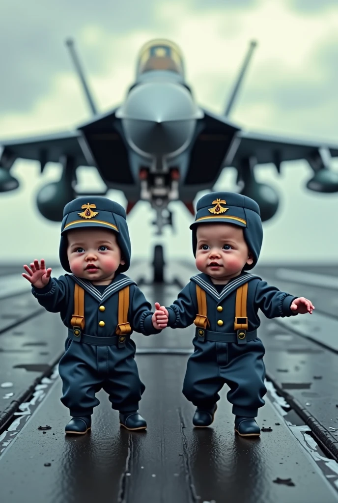 Two s wearing Navy uniforms and sailor helmets direct a fighter jet to fly on an aircraft carrier as real as life.