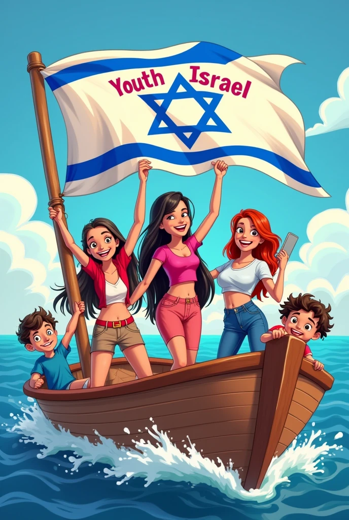 Hi AI, can you create an image for me of some young people on a boat and with some young people holding a sign that says "Youth new israel" in cartoon mode and on the same boat a star from Israel In Spanish