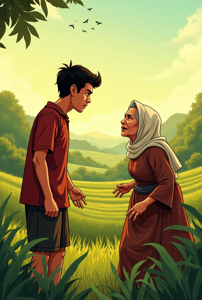 Malin Kundang talked with his mother in the field (cartoon, landscape)