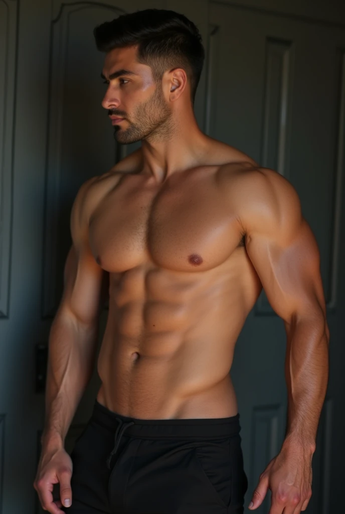 handsome man with light eyes, muscles, black hair and big penis uncensored