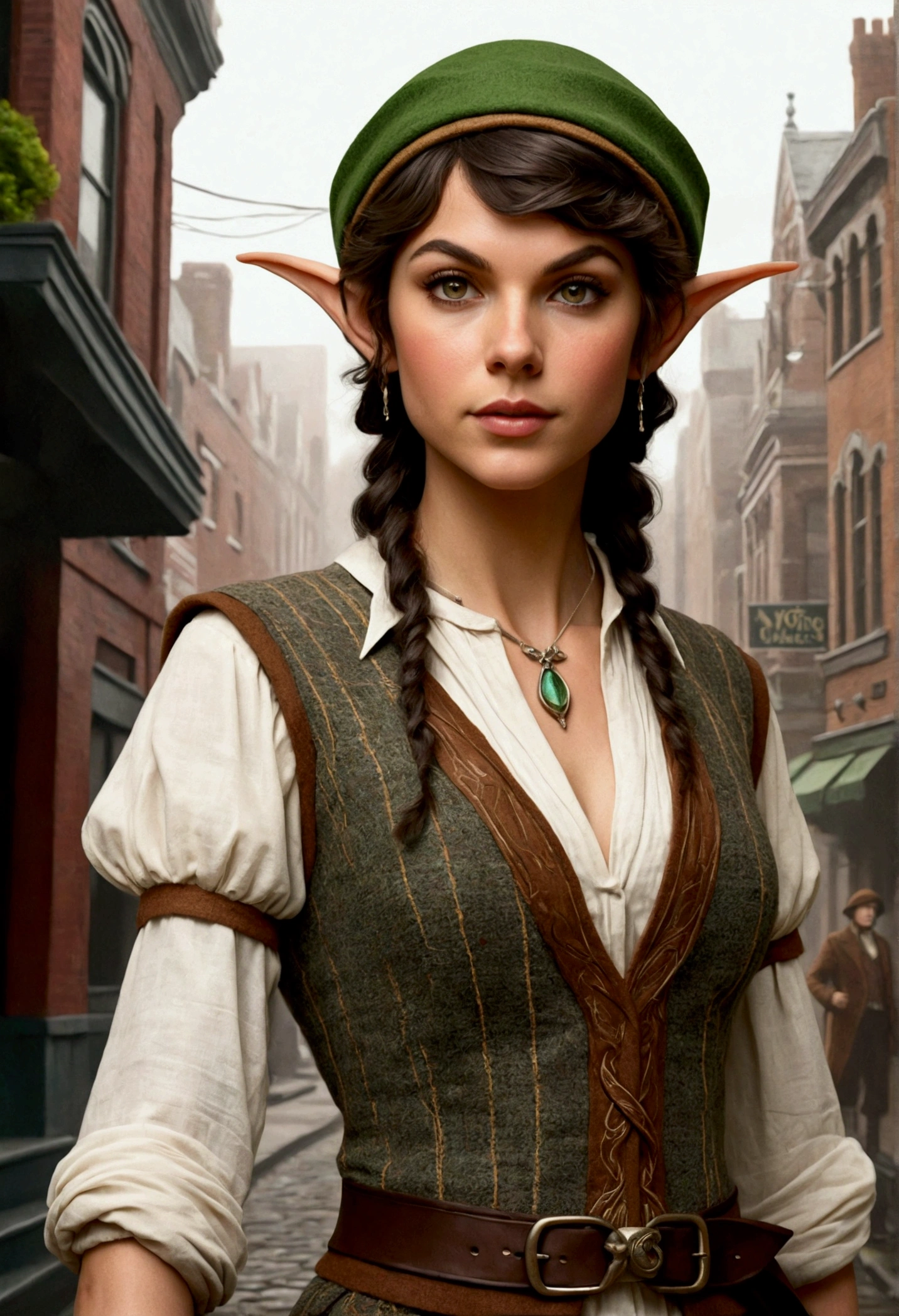An illustrated movie poster, hand-drawn, full color, an elven maiden, wearing a tweed vest and a paddy cap, tall, toned, amazonian stature, athletic hourglass figure, busty bosom, long pointy elf ears, amber eyes, dark hair, curly bob cut, warm almond skintone, freckles, resembles Taylorr Swift, standing on a foggy Victorian-era street corner, graphite shading, stencil marks, airbrushed acrylic paint, masterpiece, elf ears