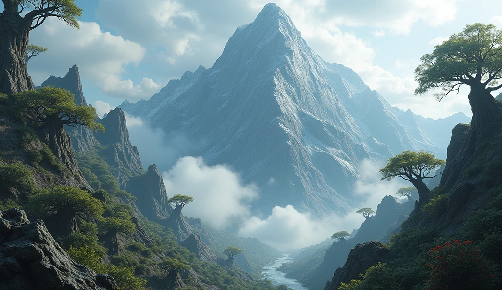 There is a steep mountain that cannot be climbed，There are many strange beasts and trees on the mountain（best quality，4K，8k，High level，masterpiece：1.2），Ultra Detailed，（lifelike，Photo real，Photo real：1.37）