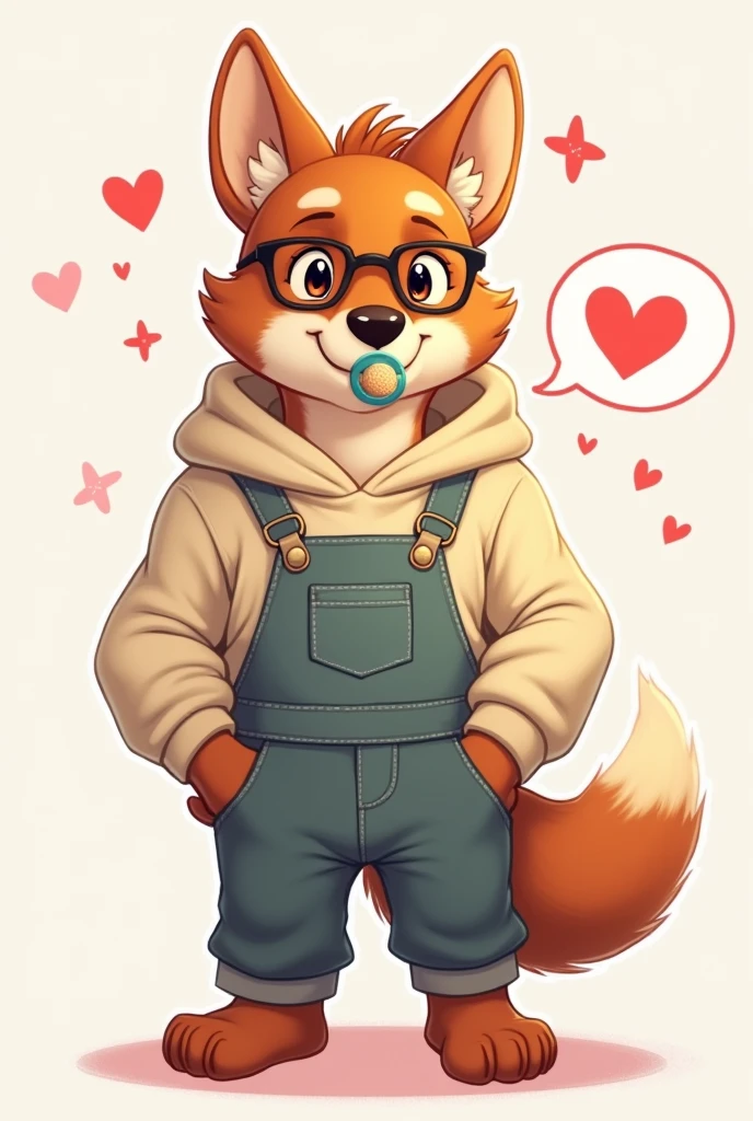 Male canine furry with attractive physique, with glasses and a sweatshirt, posing for a front photo, with 2D drawing style, with pastel colors and overalls over her sweatshirt with a pacifier in her mouth and a text bubble containing a heart next to her