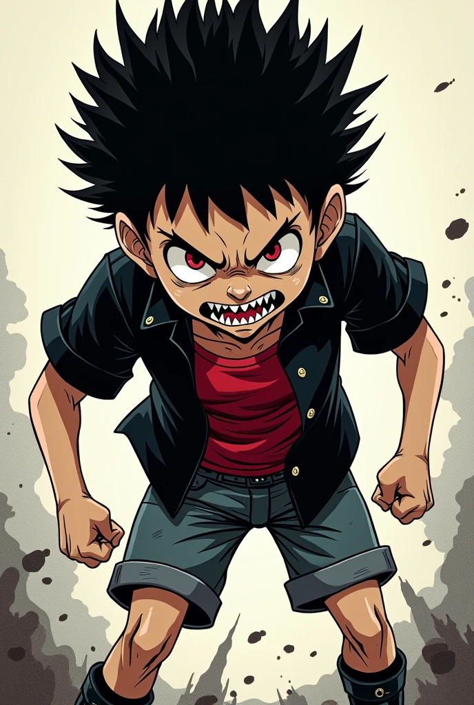 An 1 boy, pale, finish, serrated teeth, thin and strong, big black hair, black eyes and red pupils, Hate Feature, black short-sleeved shirt with open buttons and a red shirt underneath, shorts, A boot, struggling pose, manga style.