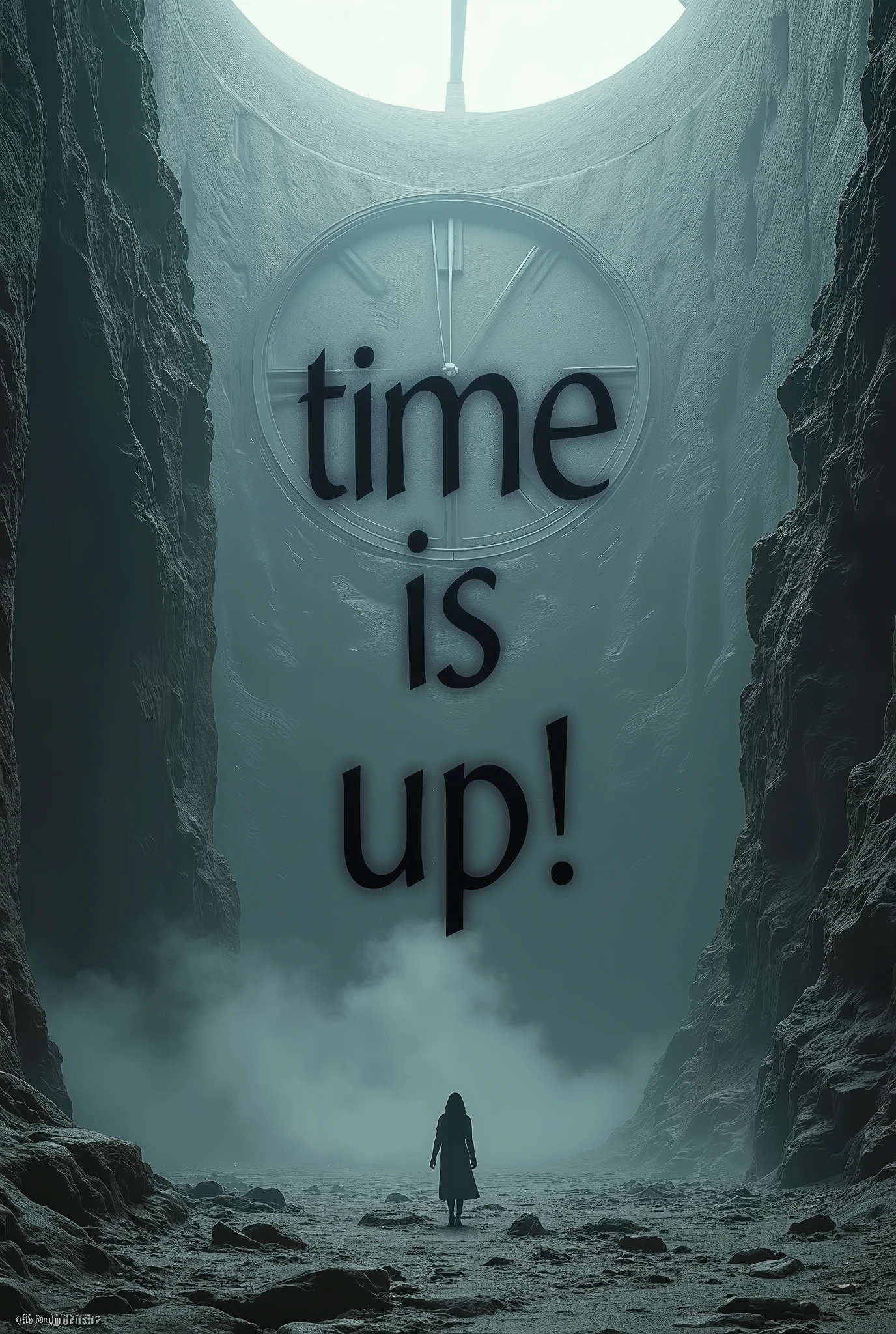 ((Forgotten gateway to time and space, by Yoji Shinkawa, best quality, masterpiece, high-definition details, 8k)). An enormous clock stoned into a mountain signing the floating of Time. [(Suspended in the air between scene and the viewer, a translucent, almost ghostly black message reads exactly: "Time is up!". The text appears as if it's floating, blurred at the edges, with the letters formed from a faint mist or dark black smoke that lingers in the space. The smoky words are readable, though not overly bright, hovering just in front of his gaze, creating a surreal yet powerful effect. Text exactly says: "Time is up!". The text says: "Time is up!". semi-transparent text that reads 'Time is up!' in a dramatic, bold font. The text almost acts as a title, floating in the air, partially obscuring the scene but enhancing the overall tension and urgency of the moment)]