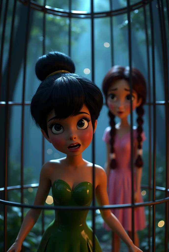 Pixar 4D image,  tinkerbell exactly like the original, green dress, but with black hair, brown skin, dark shaped eyes, trapped in a cage with fear, with a  Pixar looking at her from afar, behind tinkerbell , Out of the cage, with pink dress, two braids in the hair, maroon hair, dark shaped eyes, Caucasian skin,Florest dark, with light points 