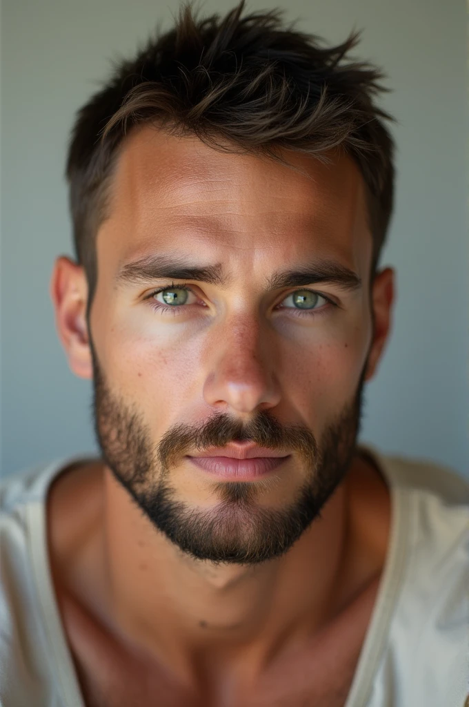 arafed man with a beard and a white shirt looking at the camera, very attractive man with beard, attractive male, with a small beard, attractive man, handsome attractive face, short scruffy beard, lean man with light tan skin, short beard, handsome male, handsome and attractive, raphael lecoste, short facial hair, thin beard